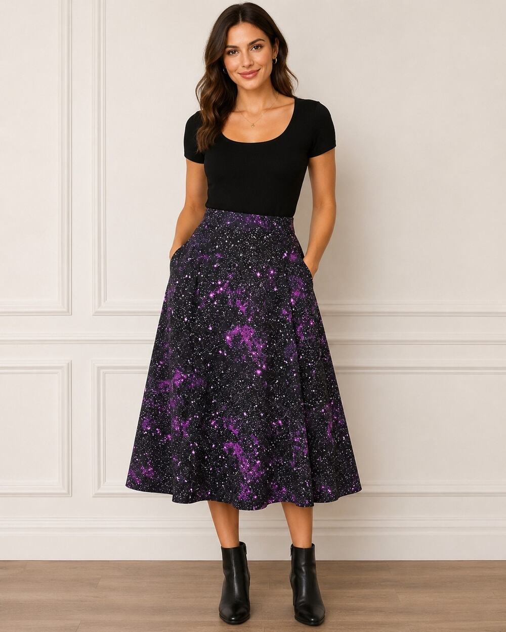 Tulip B Womens Small NWT Black Purple Galaxy Print A Line Midi Skirt Pockets